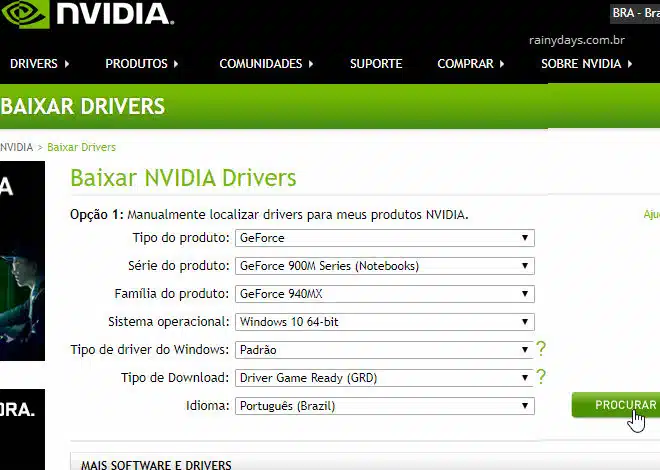 Download de drivers da NVIDIA manualmente