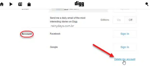 Como apagar conta do Digg