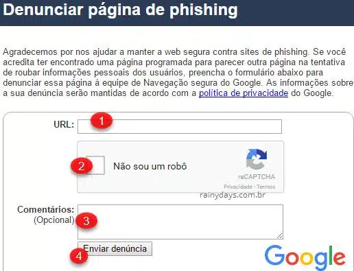 reportar site de phishing para o Google
