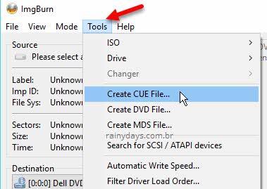 Ferramentas Tools criar arquivo CUE create CUE ImgBurn