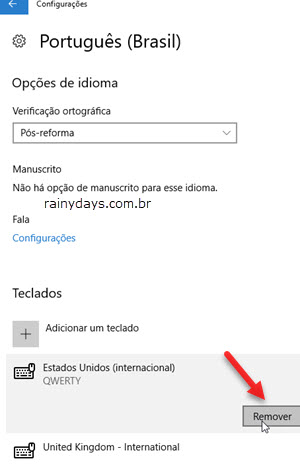 remover layout teclado Windows 10