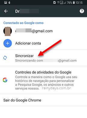 sincronizar conteúdo do Chrome Android com conta Google