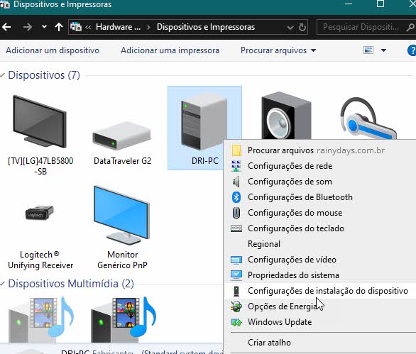 Configurações de instalação do dispositivo Windows