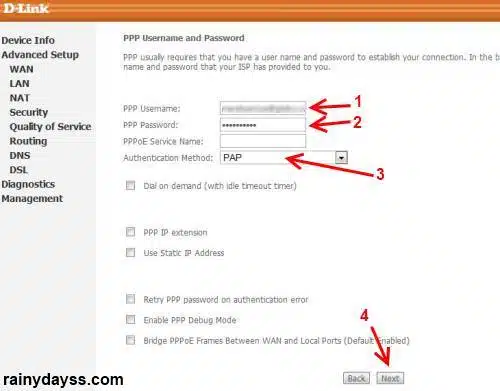 PPP username, password, PPPoE e autenticação DLINK