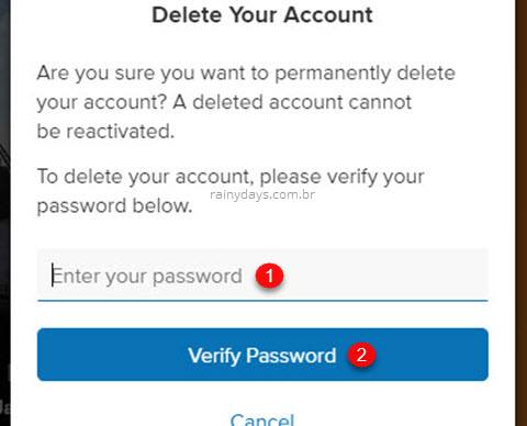 Como cancelar conta do About Me, digitar senha e confirmar Verify password