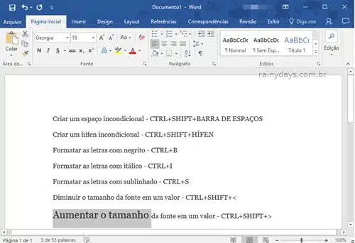 Atalhos de teclado do Microsoft Word