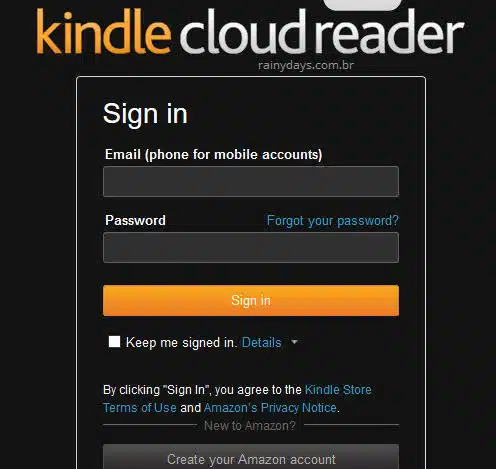 Página de login no Kindle Cloud Reader leitor do Kindle