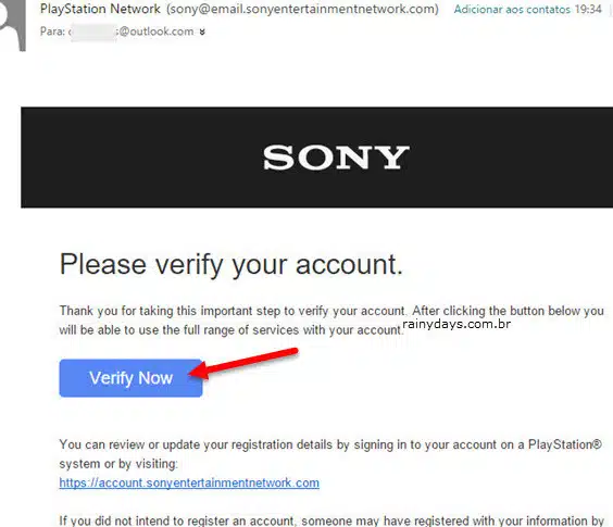 Email de verificação e confirmação conta Sony PSN