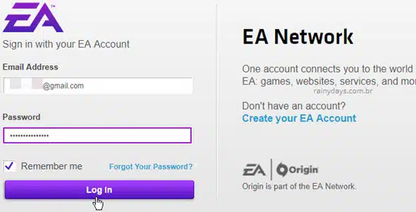 Login na conta EA Origin