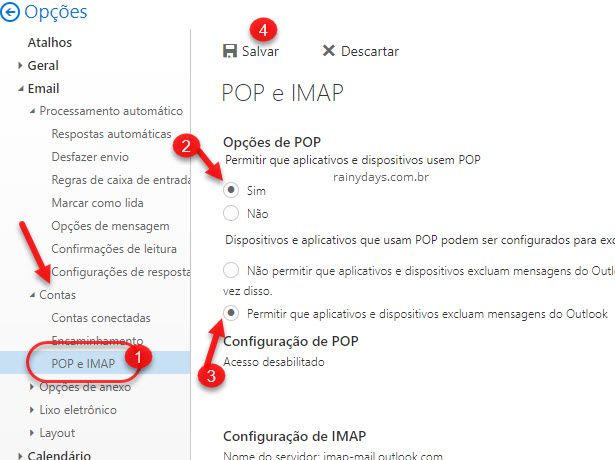 Ativar acesso POP IMAP no Outlook