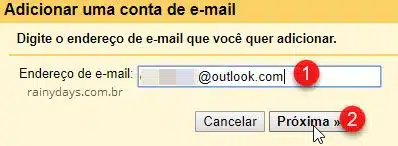 Digite endereço de email para adicionar Gmail