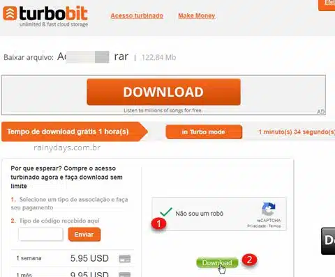 Turbobit.net download, selecione não sou robô para aparecer o botão