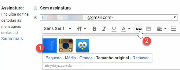 ícones de redes sociais na assinatura do Gmail link