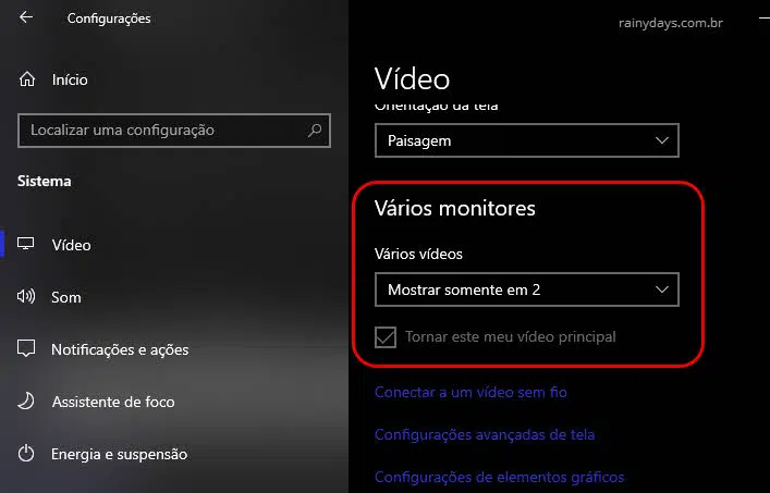 Tornar vídeo principal e alterar modo de visualização de vários monitores no Windows