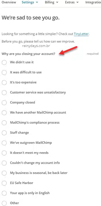 Preencher formulário de exclusão de conta MailChimp