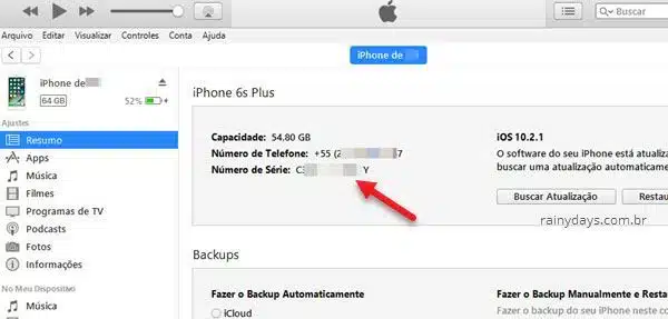 número de série iPHone no iTunes