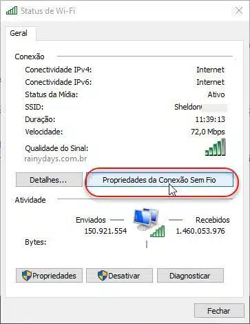 Status de WiFi Propriedades da Conexão Sem Fio, ver senha