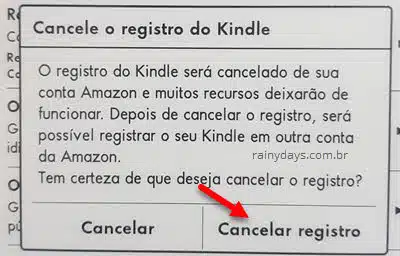 Janela para cancelar registro do Kindle