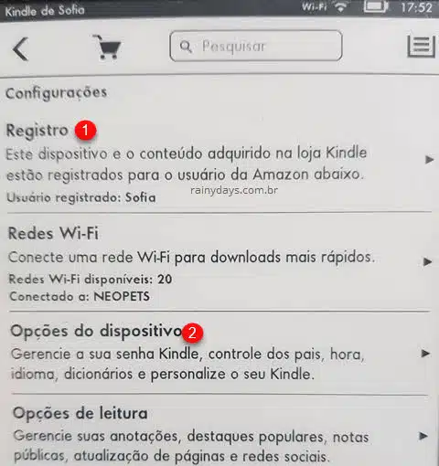 menu configurações do Kindle, Registro e Opções de dispositivo