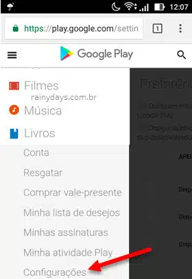 configurações Google Play navegador Android