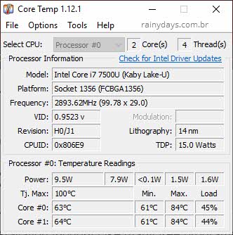 Tela do Core Temp monitorar temperatura do computador