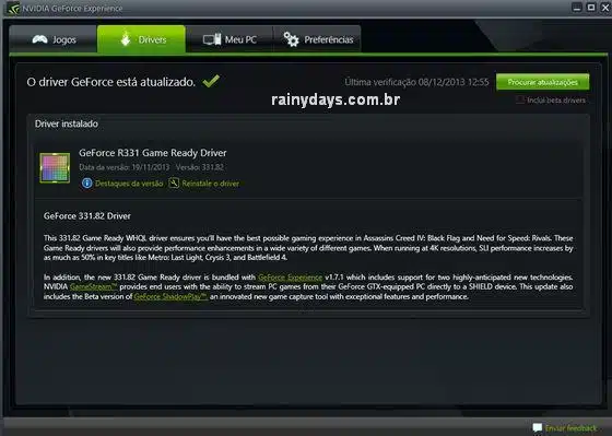 GeForce Experience download drivers NVIDIA automatico
