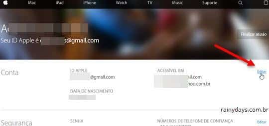 Editar conta para mudar email associado à Apple ID