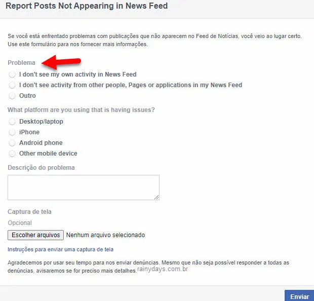 reportar problema posts não aparecendo no Feed de Notícias do Facebook