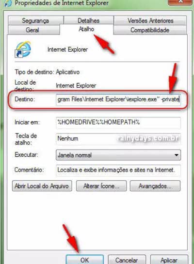 Atalho Internet Explorer private modo anônimo