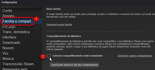 Família e compart Ativar compartilhamento computador Steam