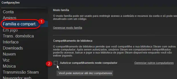 Família e compart Ativar compartilhamento computador Steam