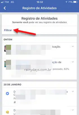 Filtrar Registro de Atividades app Facebook
