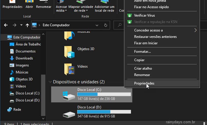 HD drive Propriedades Explorador de Arquivos Windows