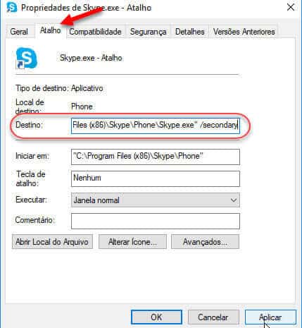 Modificar Destino Atalho do Skype para abrir várias instâncias