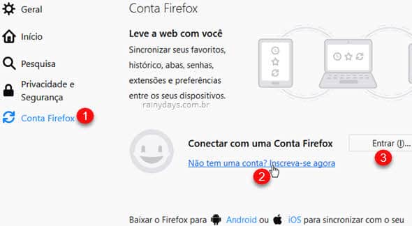 Conta Firefox Não tem conta Inscreva-se Entrar Windows