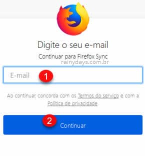 Digite email Criar conta Firefox Sync Windows
