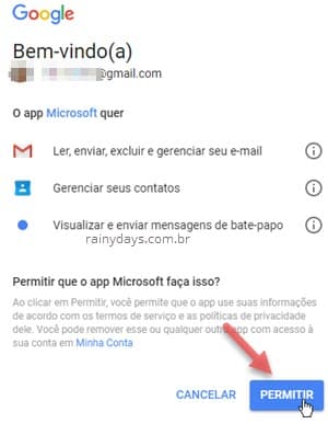 Permitir app Microsoft acessar dados Google
