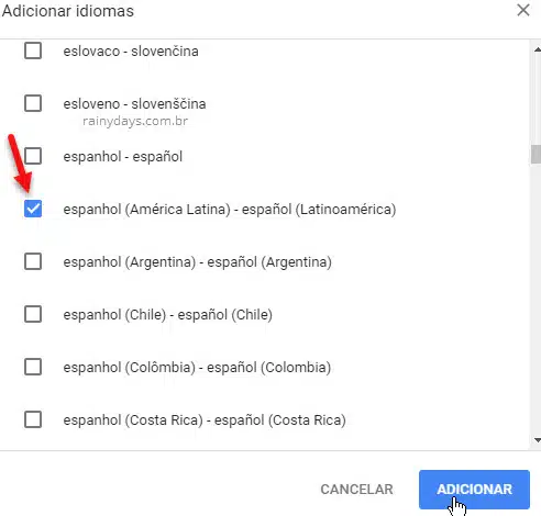 Adicionar idiomas no Chrome espanhol