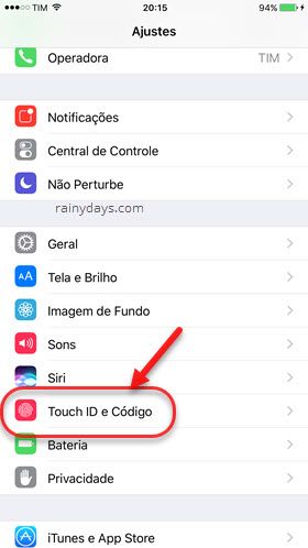 ajustes Touch ID e código iPhone