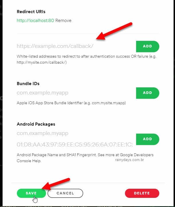 Adicionar porta aplicativo Spotify Desenvolvedor
