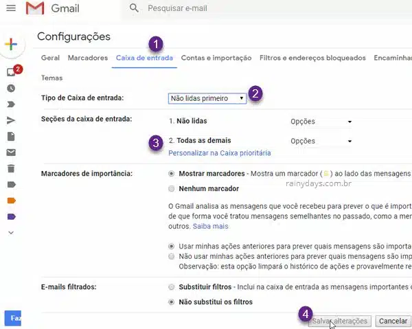 Caixa de entrada configurações Gmail