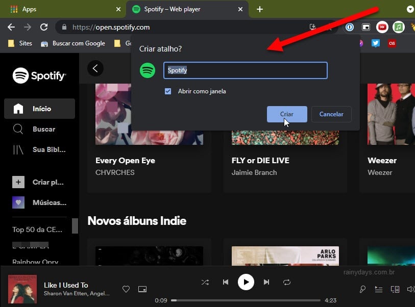 Criar atalho modo aplicativo do Spotify web no Chrome