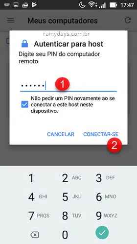 digitar PIN do computador remoto no Android Chrome Remote
