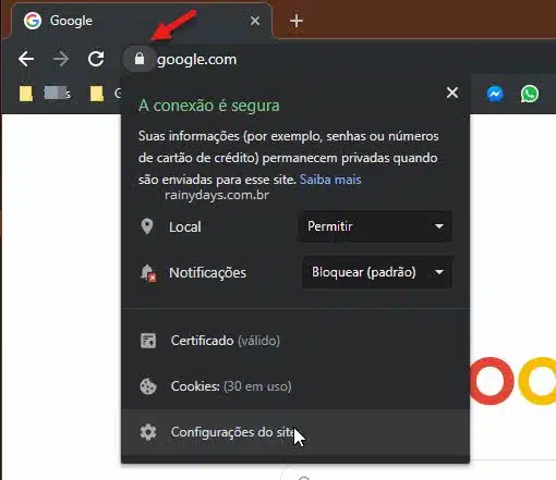 Barra cadeado configurações do site Google Chrome