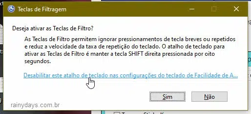 desativar aviso de teclas de filtro Windows