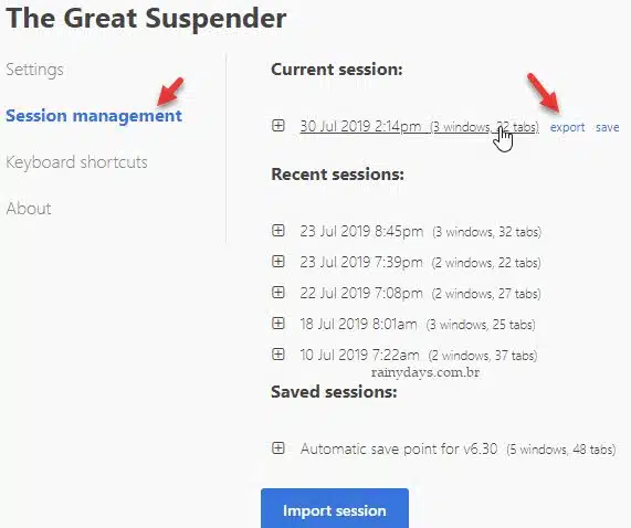 Gerenciar sessões abertas do Chrome Great Suspender