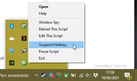 Suspend Hotkeys exit, desativar o script AutoHotkey para desabilitar teclas específicas
