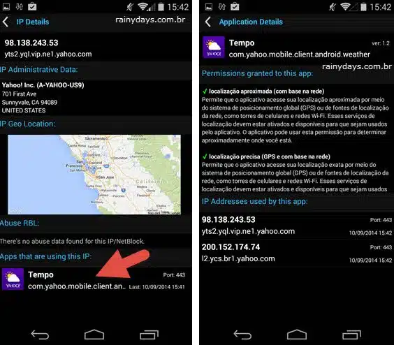 Detalhes sobre IP geolocalização Abuse RBL app Android