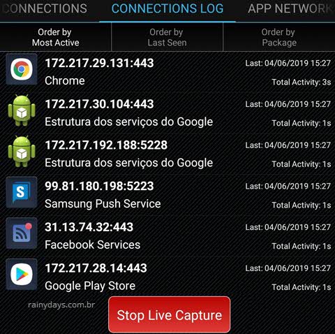 Registrar conexões em tempo real no Android app Network Connections