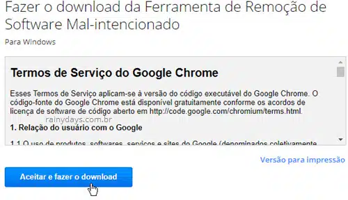 Aceitar download ferramenta remoção software mal intencionado Chrome